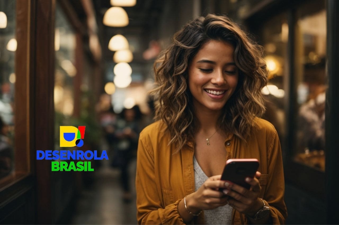 Imagem mulher sorrindo com um smartphone na mão.
