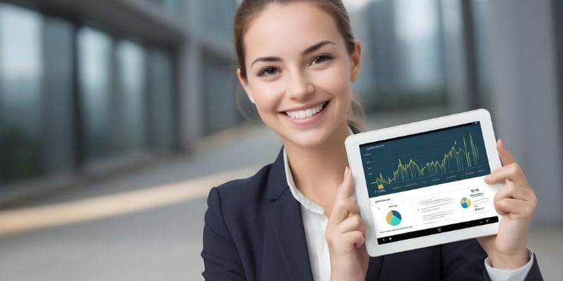 Imagem mulher empresária sorrindo, segurando um tablet com um gráfico positivo.