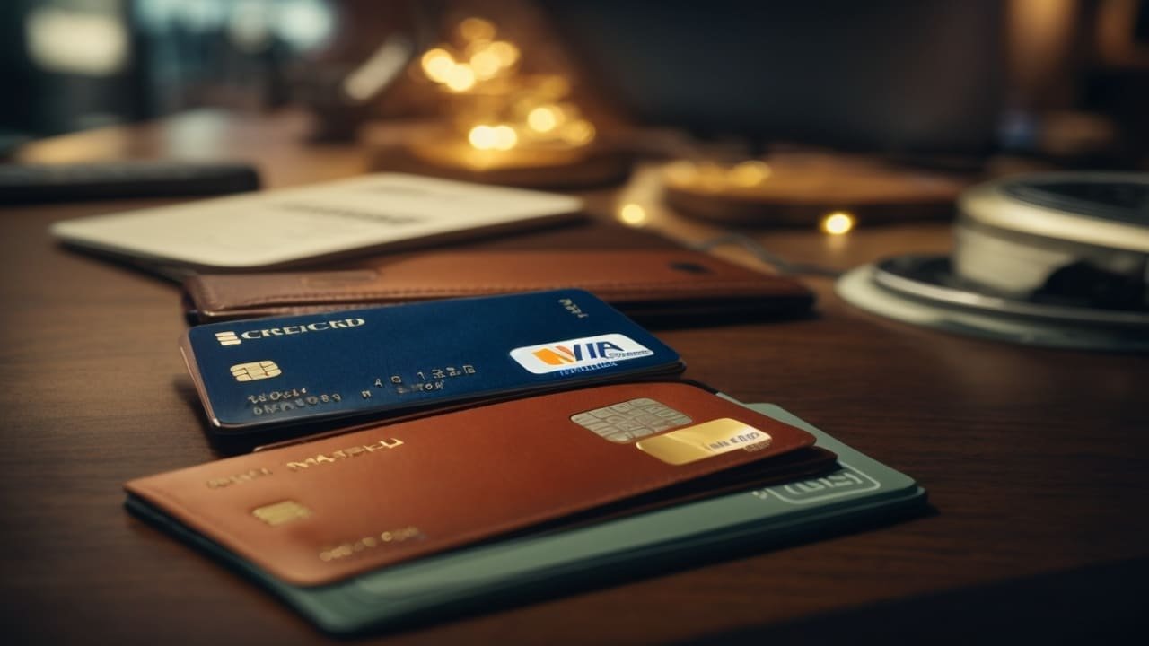 Imagem de cartões de credito sobre a mesa de jantar.