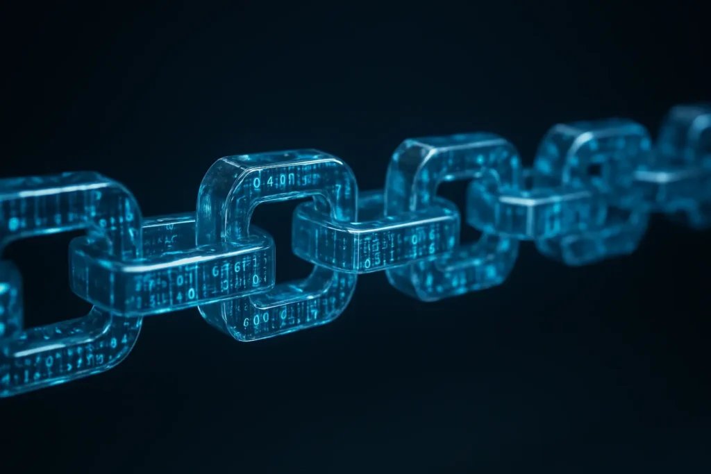 Corrente digital brilhante feita de blocos de vidro com dados dentro, representando como funciona a tecnologia blockchain.
