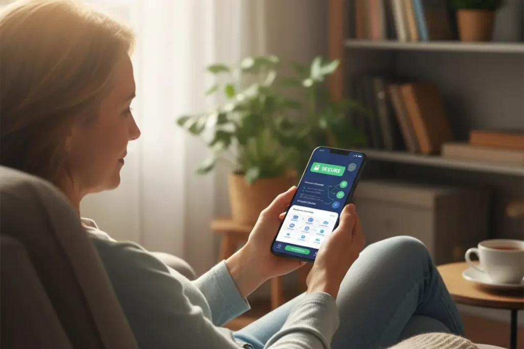 Mulher usa app de Open Finance em smartphone, ambiente iluminado, foco em segurança digital e opções financeiras.