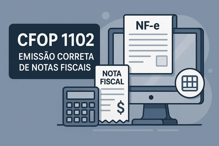 Ilustração sobre CFOP 1102 com ícones de nota fiscal, NF-e, calculadora e computador, destacando emissão correta de documentos fiscais.