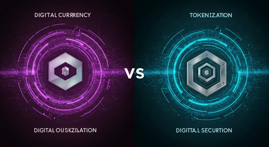 Moeda Digital vs Tokenização: Analogia visual com moeda digital fluorescente e cofre tecnológico protegendo dados tokenizados. Entenda a diferença chave entre dinheiro digital e segurança de dados com tokenização.