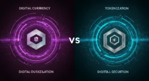 Moeda Digital vs Tokenização: Analogia visual com moeda digital fluorescente e cofre tecnológico protegendo dados tokenizados. Entenda a diferença chave entre dinheiro digital e segurança de dados com tokenização.