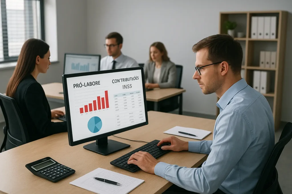 Contador em escritório moderno analisa o cálculo do INSS sobre pró-labore 2025 em uma planilha no computador.