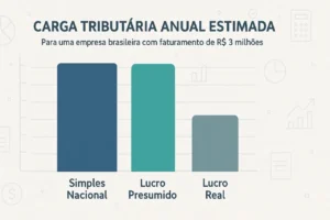 Gráfico comparando impostos anuais: Simples Nacional vs Lucro Presumido vs Lucro Real (Faturamento R$ 3M). Lucro Real mais baixo neste exemplo de planejamento tributário.