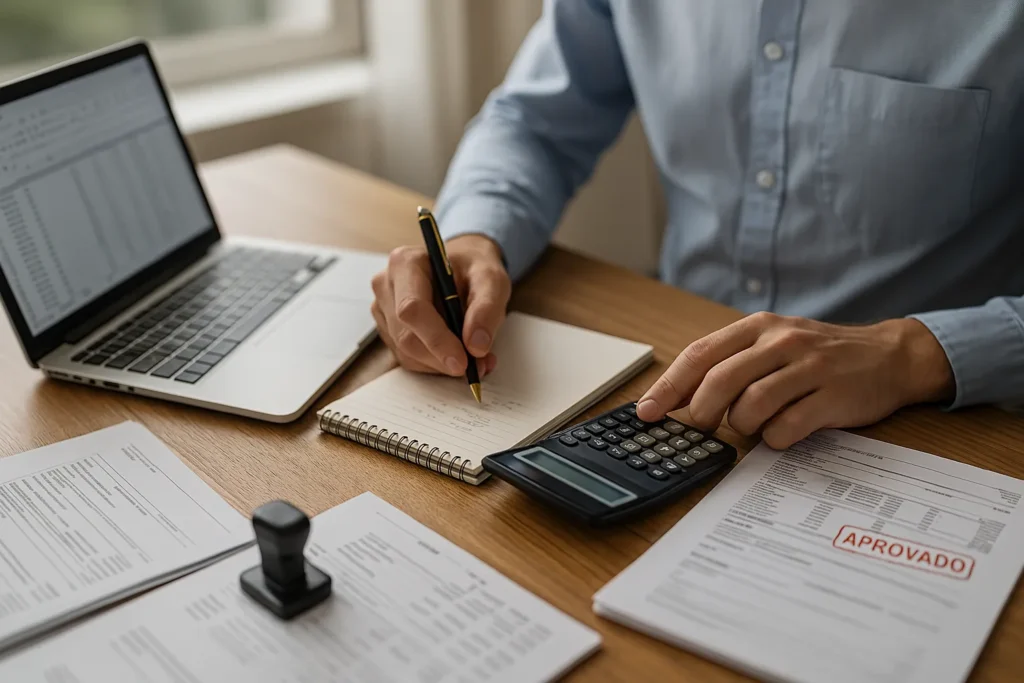 Uma mesa de trabalho com laptop aberto exibindo uma planilha fiscal, um bloco de notas com cálculos manuais e uma caneta ao lado. Ao fundo, uma pilha de notas fiscais e um carimbo “APROVADO”, com luz natural entrando pela janela.