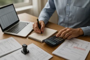 Uma mesa de trabalho com laptop aberto exibindo uma planilha fiscal, um bloco de notas com cálculos manuais e uma caneta ao lado. Ao fundo, uma pilha de notas fiscais e um carimbo “APROVADO”, com luz natural entrando pela janela.
