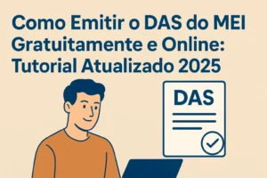 Ilustração de um homem jovem usando notebook com o título “Como Emitir o DAS do MEI Gratuitamente e Online: Tutorial Atualizado 2025” e um ícone de documento com a sigla DAS.