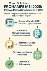 Infográfico com passo a passo para solicitar o Pronampe MEI 2025 no e-CAC, destacando acesso, autorização de dados e escolha da instituição financeira.
