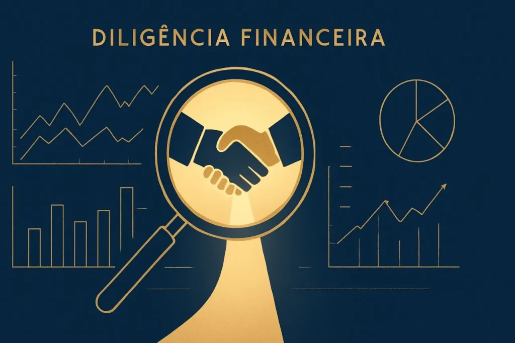 Ilustração conceitual de lupa sobre gráficos financeiros, simbolizando a clareza obtida com a due diligence financeira para fechar negócios com confiança.