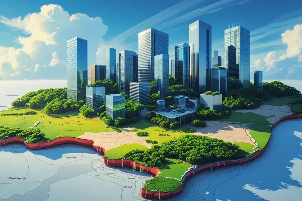 Uma ilustração mostrando o mapa do Brasil como base, onde dentro dele crescem prédios corporativos modernos de diferentes tamanhos representando empresas brasileiras em crescimento.