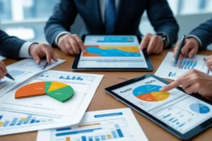 Imagem de profissionais de terno analisam atentamente relatórios financeiros, planilhas e contratos. Alguns usam ferramentas analíticas em tablets mostrando dashboards financeiros complexos.