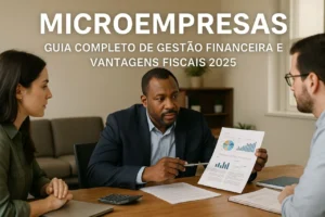 Três profissionais discutem gestão financeira de microempresas em um escritório moderno; um homem negro em traje social apresenta gráficos enquanto os colegas ouvem atentamente ao redor de uma mesa de madeira, com ambiente iluminado naturalmente.