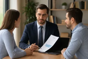 Imagem de um escritório moderno durante o dia, com um consultor tributário de terno azul-marinho discutindo planejamento fiscal com um casal, enquanto analisam documentos financeiros.
