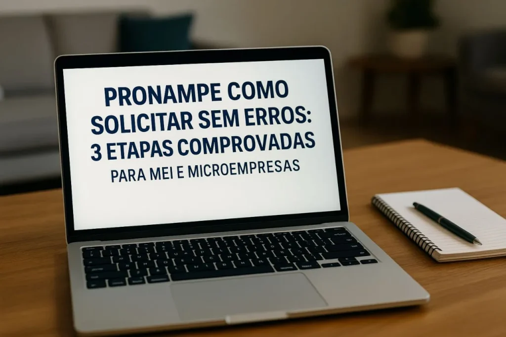 Notebook sobre uma mesa de madeira exibindo o título “Pronampe Como Solicitar sem Erros: 3 Etapas Comprovadas para MEI e Microempresas” na tela, ao lado de um caderno espiral com uma caneta, em um ambiente aconchegante com sofá ao fundo.