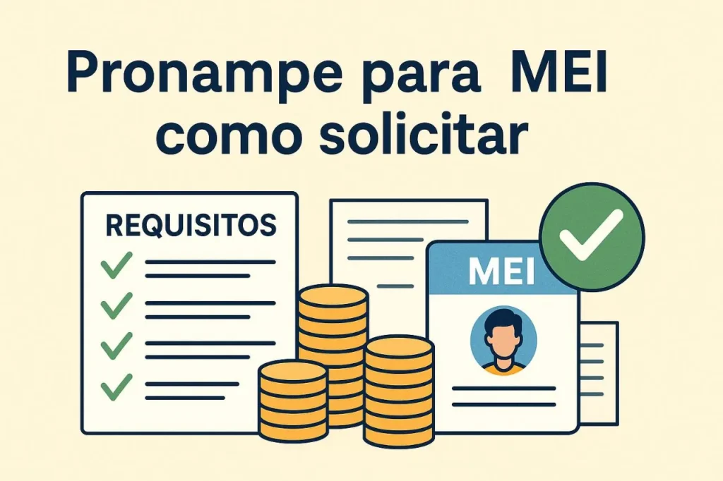 imagem ilustração em estilo flat com o título “Pronampe para MEI como solicitar” no topo. A imagem exibe uma ficha com a palavra “Requisitos” e marcações de check verde, uma pilha de moedas douradas, documentos e uma identificação com o texto “MEI” e a foto de uma pessoa, ao lado de um ícone de visto verde, representando aprovação.