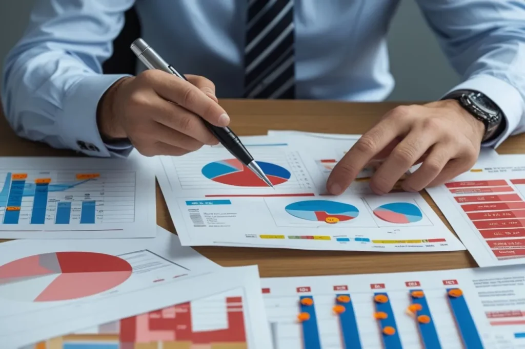 Um profissional usando lupa para examinar documentos fiscais espalhados sobre uma mesa. Os papéis contêm gráficos, números destacados em vermelho e amarelo, e carimbos fiscais.