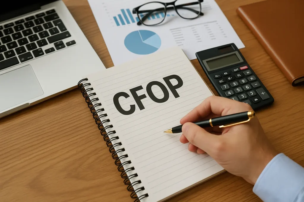 Pessoa escrevendo "CFOP" em caderno sobre mesa com laptop, calculadora, gráficos e itens de escritório.