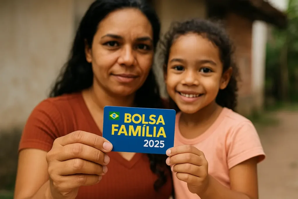 Mulher sorridente com criança no colo segura cartão do Bolsa Família 2025; imagem representa apoio social e inclusão familiar.