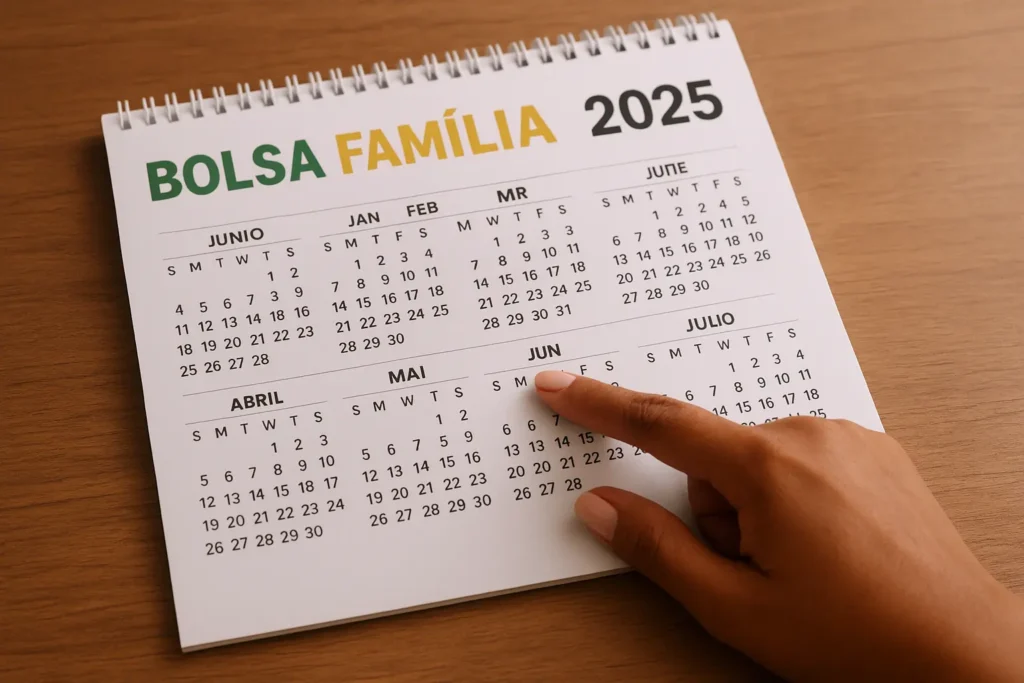 Mulher aponta para data marcada no Calendário Bolsa Família 2025 sobre mesa de madeira.