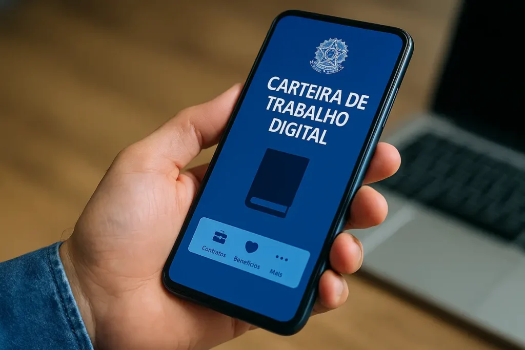 Pessoa segurando um smartphone com a tela do aplicativo da Carteira de Trabalho Digital aberta, em ambiente iluminado.