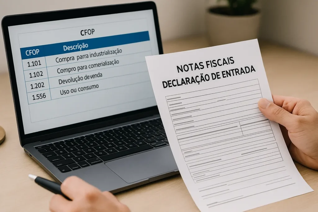 Pessoa analisa nota fiscal de entrada com códigos CFOP em planilha digital, em ambiente de trabalho organizado.
