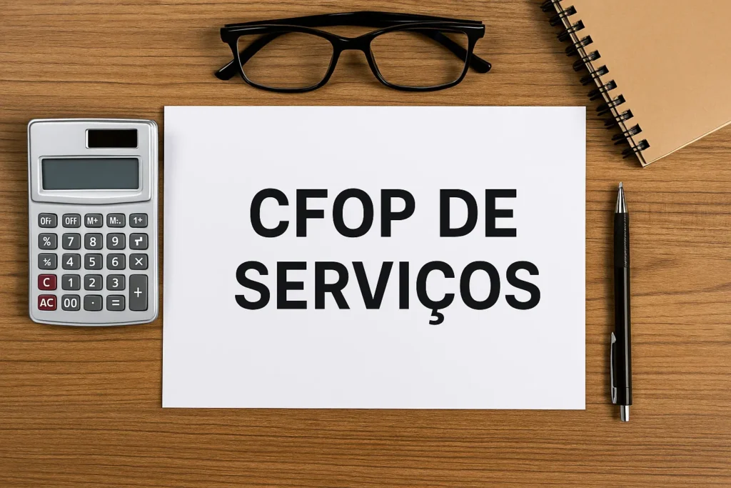 Imagem com papel escrito "CFOP de Serviços" cercado por calculadora, óculos, caneta e caderno sobre mesa de madeira.