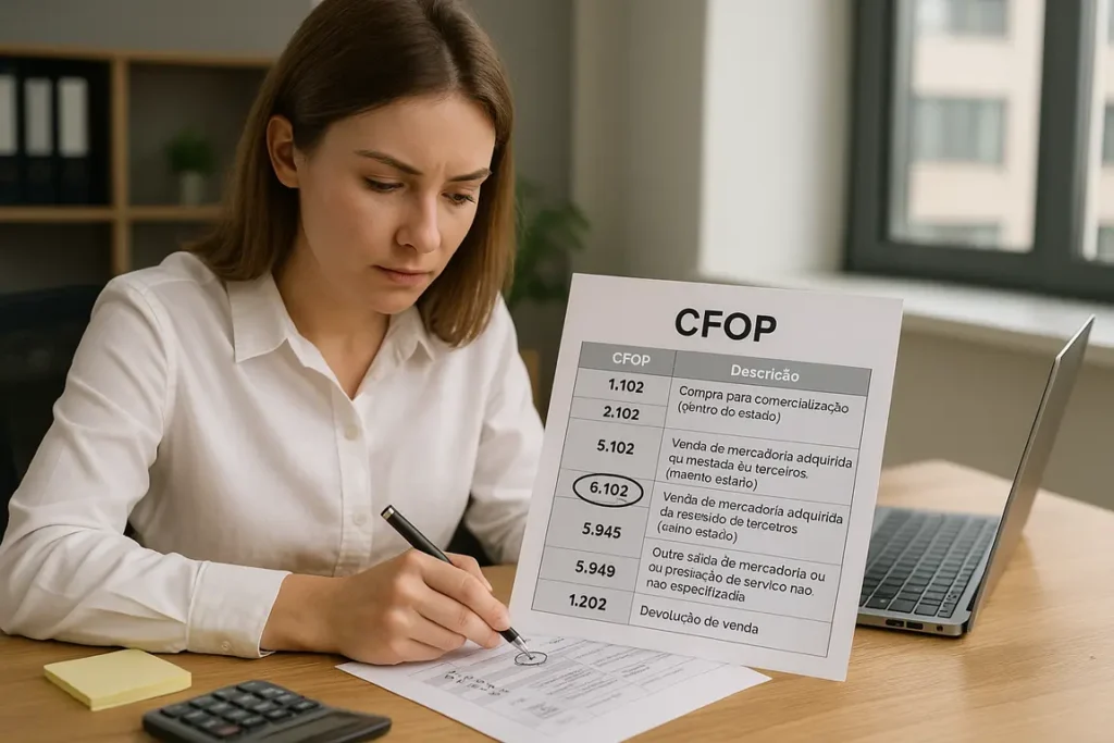 Mulher preenchendo nota fiscal eletrônica com destaque para o CFOP em ambiente de escritório iluminado e moderno.