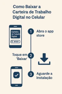 Fluxograma ilustrado com passos para baixar a Carteira de Trabalho Digital no celular via App Store ou Play Store, com ícones claros e modernos.