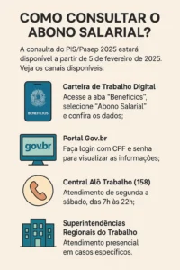 Infográfico explicativo mostra como consultar o abono salarial PIS/Pasep 2025 por app, site Gov.br, telefone 158 e atendimento presencial.