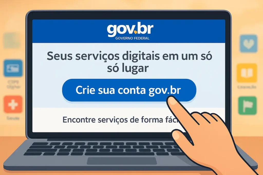 Página do Gov.br em laptop moderno com botão "Crie sua conta gov.br" em destaque e mão clicando, ícones de serviços ao fundo.