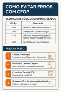 Infográfico explicando como evitar erros com CFOP, com exemplos de códigos comuns e passo a passo para escolher o código correto.