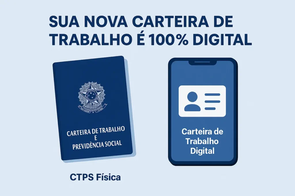 Comparação entre a CTPS física e a Carteira de Trabalho Digital exibida em um smartphone moderno.