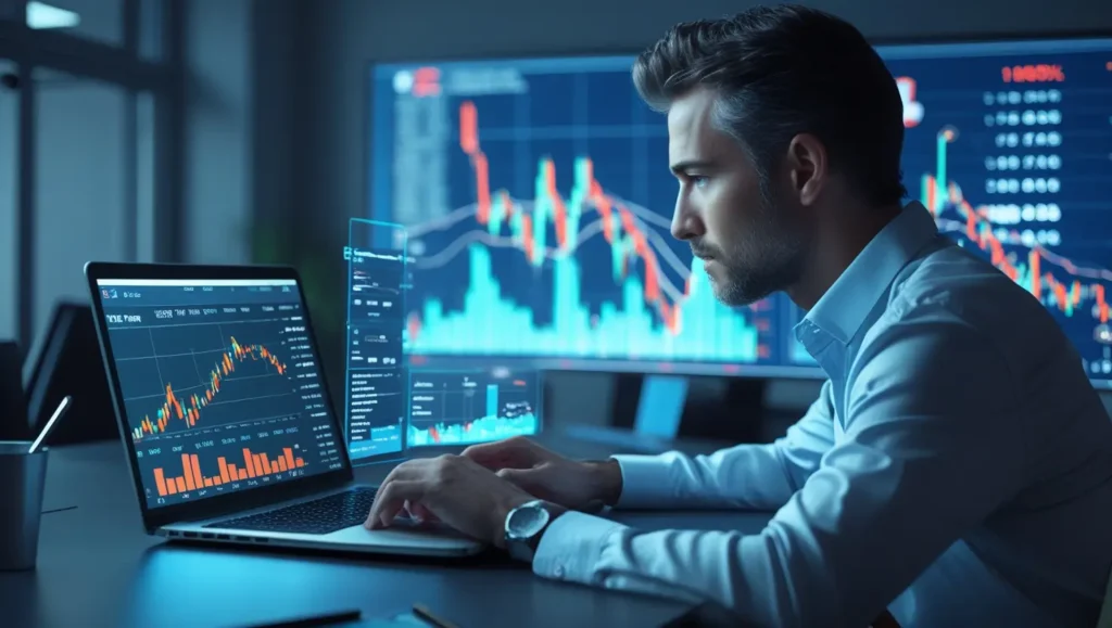 Investidor analisando gráficos financeiros em laptop, com destaque para taxa Selic em 14,75% em ambiente de escritório moderno.