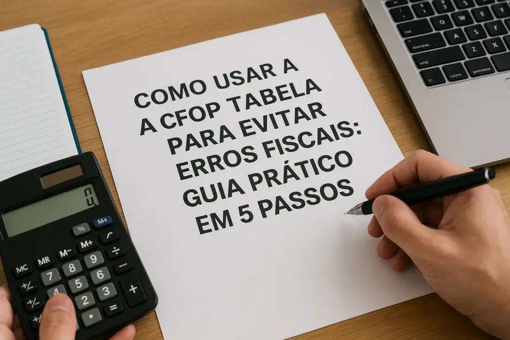 Pessoa preenchendo guia fiscal com CFOP Tabela, ao lado de calculadora, notebook e caderno em uma mesa de trabalho.