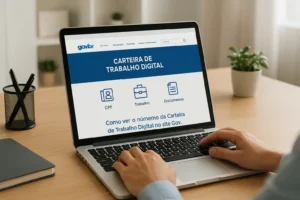 Consulta do número da Carteira de Trabalho Digital pelo site Gov.br em notebook moderno.