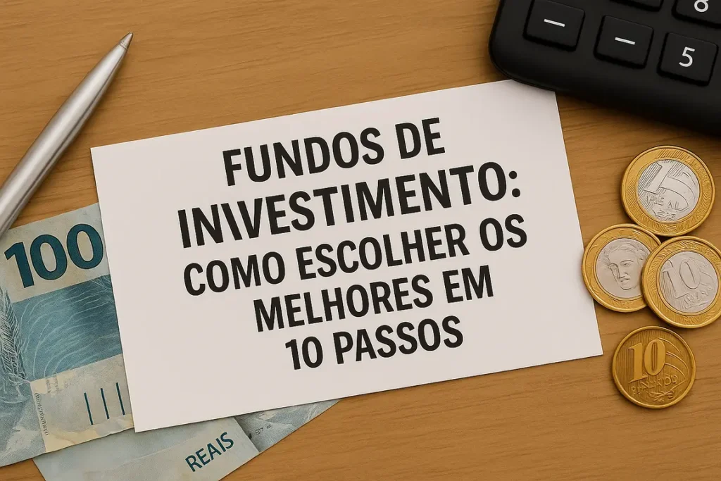 Mesa com calculadora, lupa, moedas, óculos e gráfico de investimentos, representando análise de fundos financeiros.