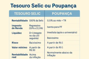 Infográfico comparando Tesouro Selic e Poupança com rendimento, liquidez, segurança e ideal para cada perfil.
