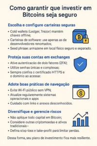 Infográfico em português mostra como investir com segurança em Bitcoin, abordando carteiras, proteção de contas, navegação segura e gestão de riscos.