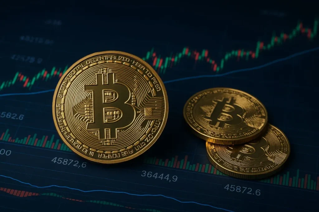 Imagem realista mostra moedas de Bitcoin sobre gráfico digital com dados de mercado, representando investimento seguro em criptomoedas.