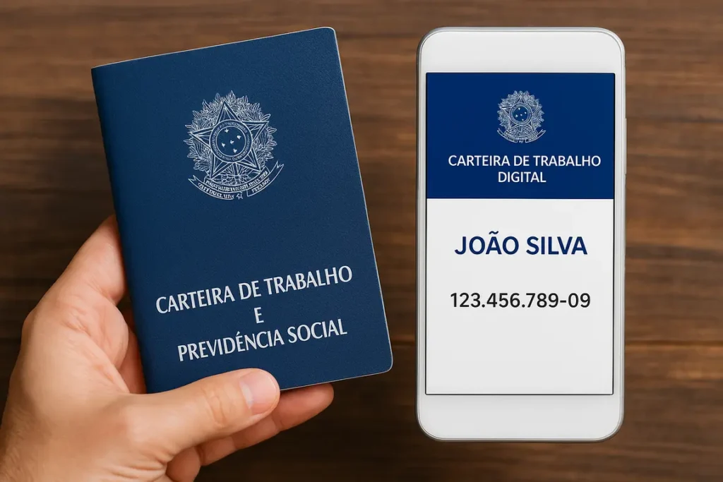 Pessoa segura Carteira de Trabalho física ao lado de celular com CTPS Digital exibindo CPF e nome, representando versão física e digital.