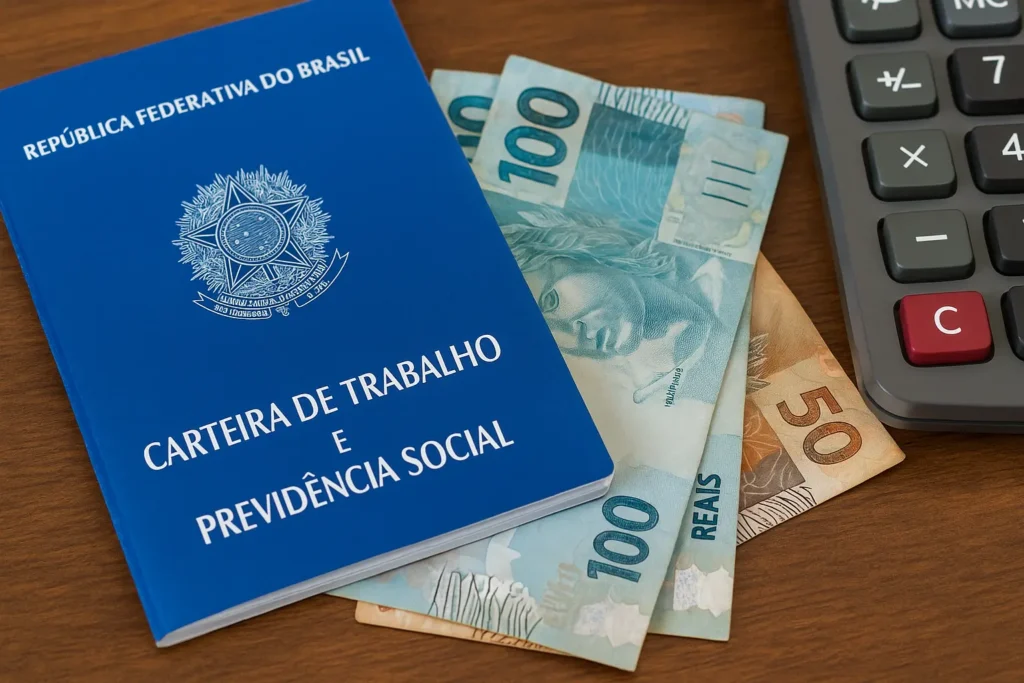 Carteira de Trabalho ao lado de notas de real e calculadora sobre mesa de madeira, representando abono salarial do PIS/Pasep 2025.