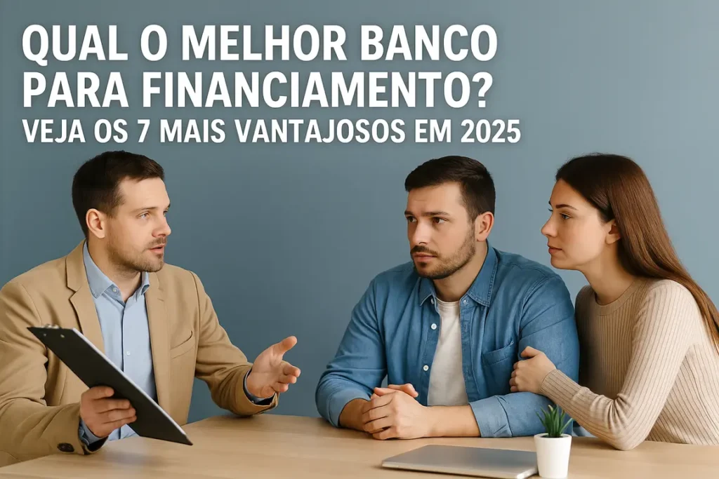 Casal em reunião com consultor financeiro discutindo opções de financiamento, representando a escolha do melhor banco em 2025.