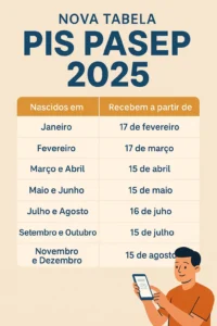 Infográfico colorido apresenta a nova Tabela PIS/Pasep 2025 com datas de pagamento organizadas por mês de nascimento.
