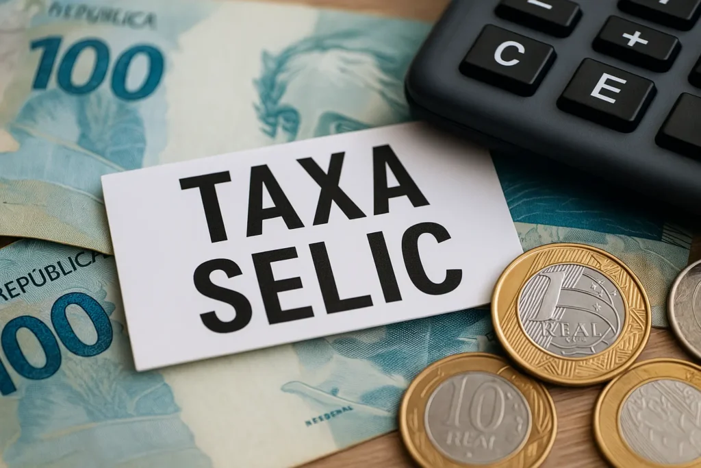 Cédulas e moedas de real ao lado de uma calculadora e cartão com os dizeres “Taxa Selic” em destaque.