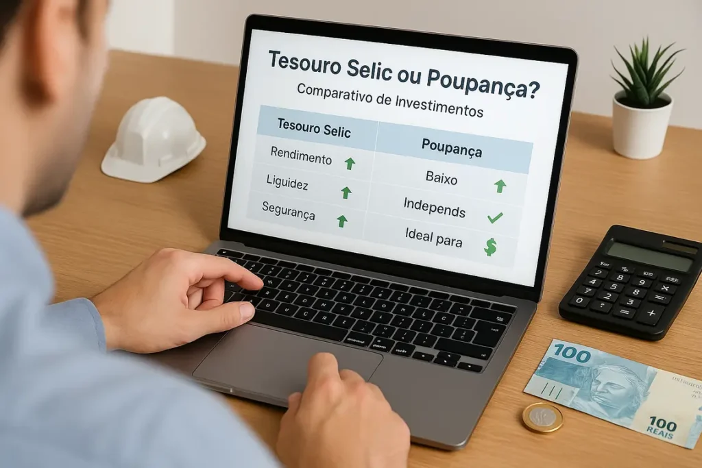 Pessoa analisa gráficos comparando o rendimento entre Tesouro Selic e poupança, em cenário realista de investimentos.