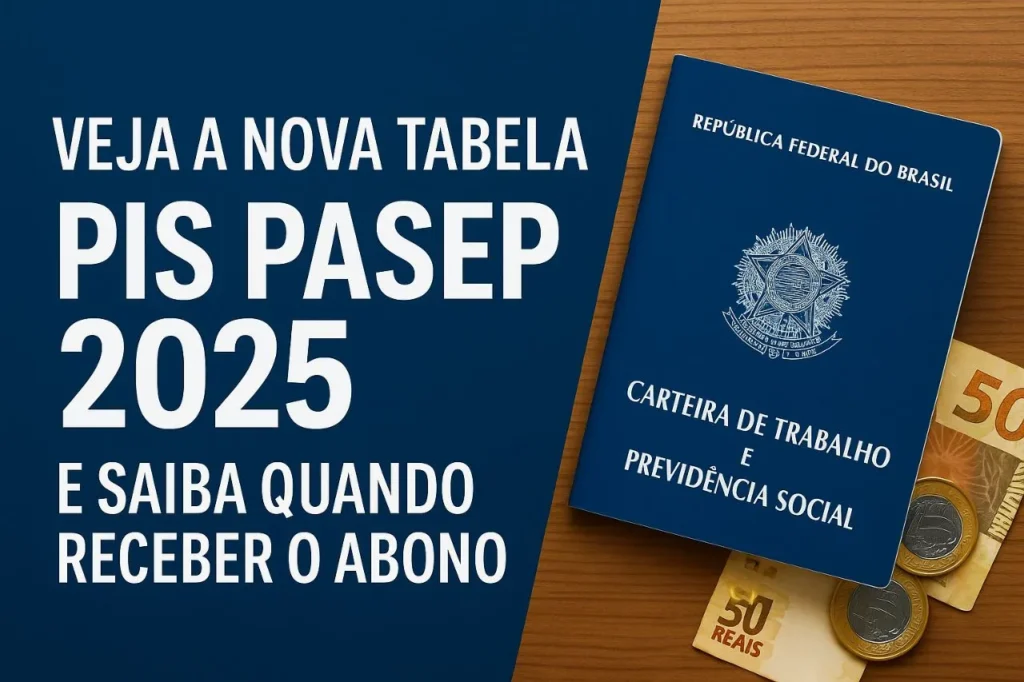 Tabela Pis Pasep 2025 em destaque, com calendário de pagamentos e trabalhador consultando dados no celular.