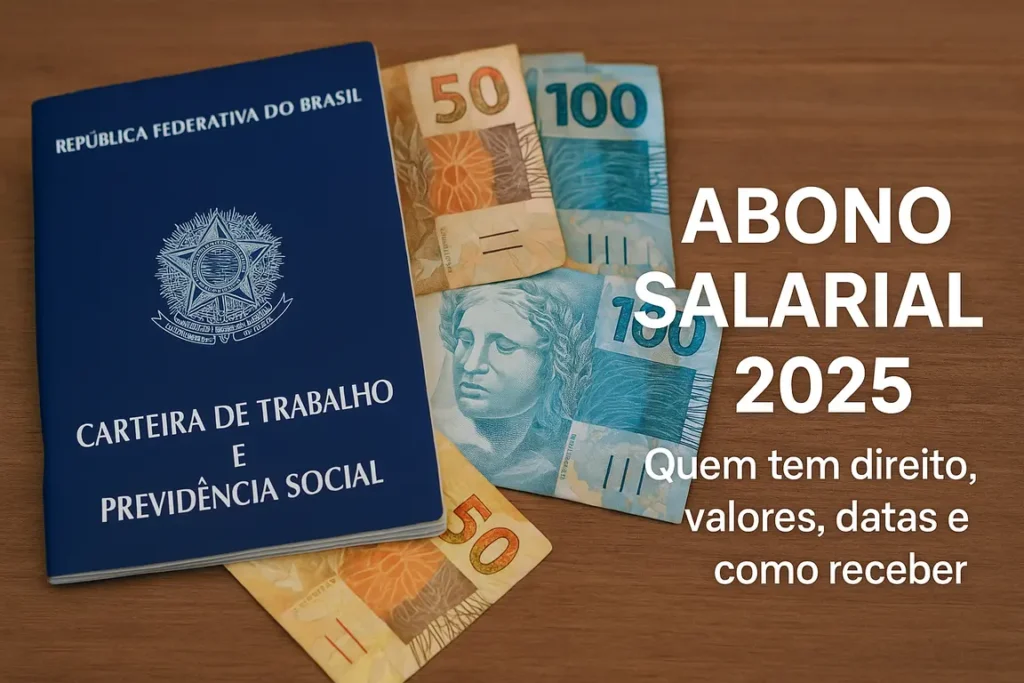 Carteira de Trabalho ao lado de cédulas de real com texto sobre abono salarial 2025: valores, datas, quem tem direito e como receber.
