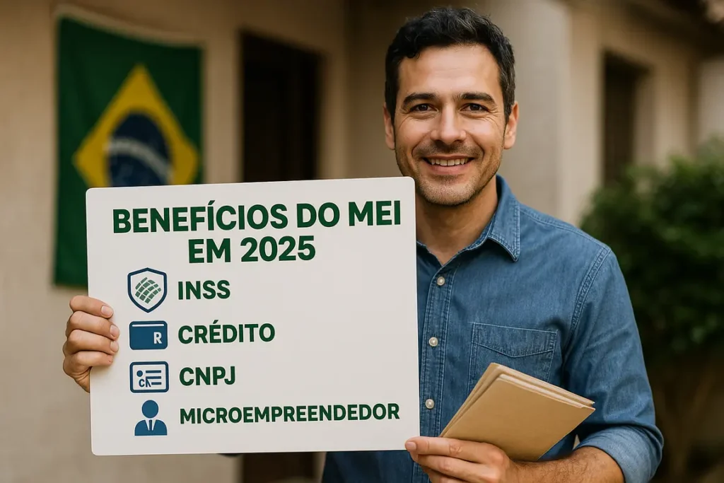 Empreendedor brasileiro sorrindo com documentos e notebook, destacando os benefícios do MEI em 2025, INSS, crédito e formalização.